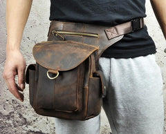 Cool Dark Brown Leather Mens Drop Leg Bag Belt Pouch Small Side Bag Shoulder Bag For Men - imessengerbags