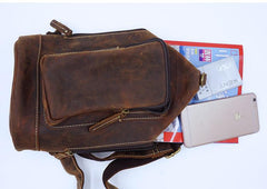 Vintage Large Brown Leather Mens Sling Bag Sling Pack Sling Backpack for Men