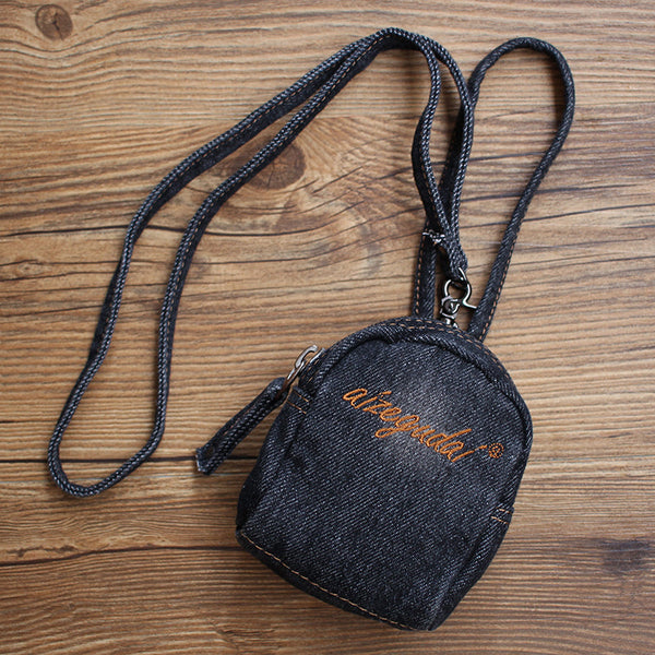 Vintage Mens Denim Mini Pouch with Lanyard Denim Small Card Coin Purse for Women