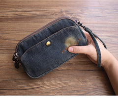 Vintage Womens Black Denim Phone Shoulder Bag Denim Messenger Purse for Women