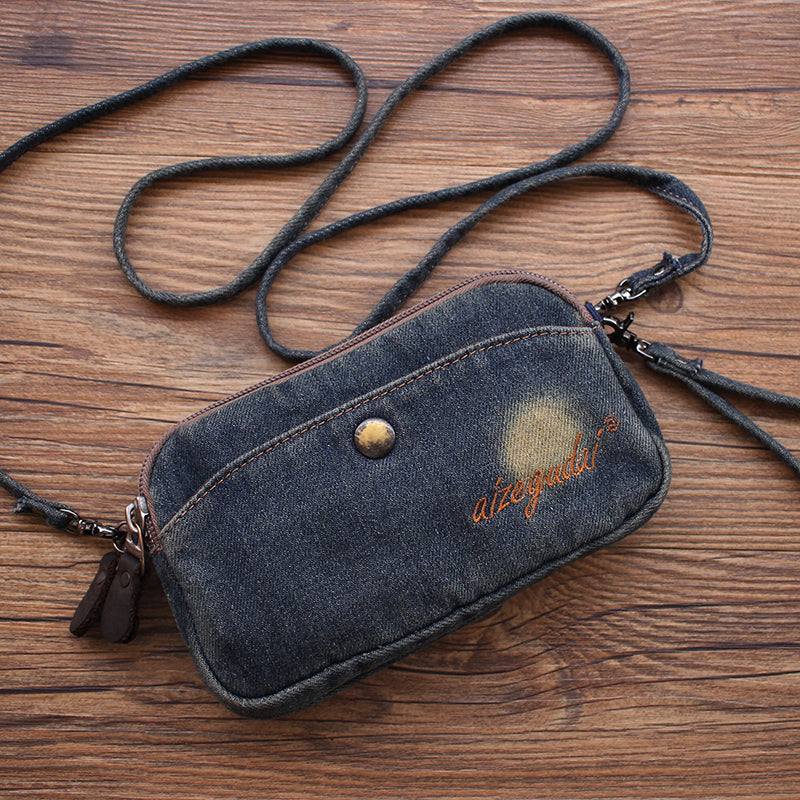 Vintage Womens Blue Small Denim Phone Shoulder Bag Denim Messenger