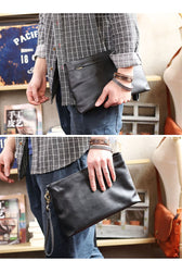 Vintage Black Soft Leather Mens Clutch Wallet Wristlet Bag Zipper Clutch Bag For Men - imessengerbags