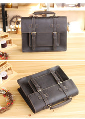 Vintage Black Mens Leather Briefcases Work Handbags Brown 14'' Computer Briefcase For Men - imessengerbags