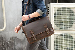 Vintage Black Mens Leather Briefcase Work Handbags Brown 14'' Computer Briefcases For Men - imessengerbags