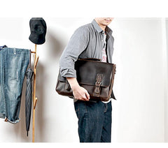 Vintage Black Mens Leather Briefcase Work Handbags Brown 14'' Computer Briefcases For Men - imessengerbags