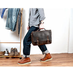 Vintage Black Mens Leather Briefcase Work Handbags Brown 14'' Computer Briefcases For Men - imessengerbags