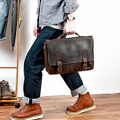 Vintage Black Mens Leather Briefcase Work Handbags Brown 14'' Computer Briefcases For Men - imessengerbags