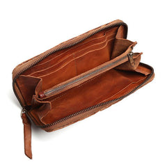 Vintage Braided Leather Mens Long Wallet Zipper Clutch Wallet For Men - imessengerbags