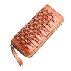 Vintage Braided Leather Mens Long Wallet Zipper Clutch Wallet For Men - imessengerbags