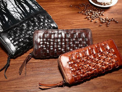 Vintage Braided Leather Mens Long Wallet Zipper Clutch Wallet For Men - imessengerbags