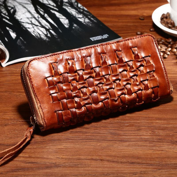 Vintage Braided Leather Mens Long Wallet Zipper Clutch Wallet For Men - imessengerbags