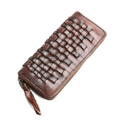 Vintage Braided Leather Mens Long Wallet Zipper Clutch Wallet For Men - imessengerbags