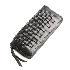 Vintage Braided Leather Mens Long Wallet Zipper Clutch Wallet For Men - imessengerbags