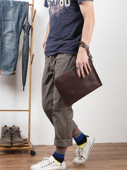 Vintage Business Leather Mens Brown Envelope Bag Document Purse Dark Brown Clutch For Men - imessengerbags
