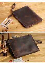 Vintage Business Leather Mens Brown Envelope Bag Document Purse Dark Brown Clutch For Men - imessengerbags