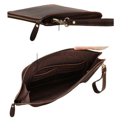 Vintage Business Leather Mens Brown Envelope Bag Document Purse Dark Brown Clutch For Men - imessengerbags