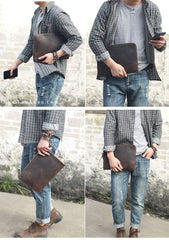 Vintage Business Leather Mens Brown Envelope Bag Document Purse Dark Brown Clutch For Men - imessengerbags