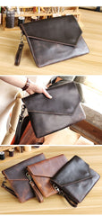 Vintage Business Leather Mens Black Envelope Bag Document Purse Dark Brown Clutch For Men