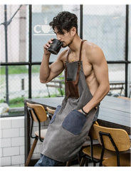Vintage Canvas Leather Mens Womens Gray Craftsman Apron Cafe Staff Apron Work Apron for Men - imessengerbags