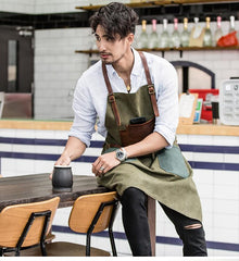 Vintage Canvas Leather Mens Womens Gray Craftsman Apron Cafe Staff Apron Work Apron for Men - imessengerbags