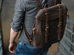 Vintage Coffee Leather Mens Backpack Travel Backpacks Laptop Backpack for men