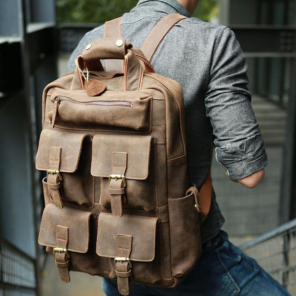 Vintage Coffee Mens Leather Backpacks Travel Backpacks Laptop Backpack for men - imessengerbags