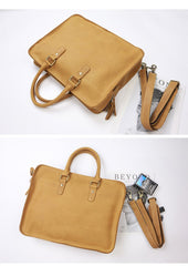 Vintage Dark Brown Leather Mens 14 inches Briefcase Black Work Briefcase Handbags For Men - imessengerbags