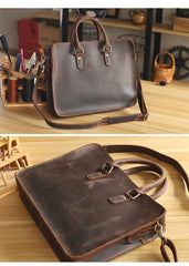 Vintage Dark Brown Leather Mens 14 inches Briefcase Black Work Briefcase Handbags For Men - imessengerbags