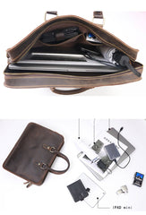 Vintage Dark Brown Leather Mens 14 inches Briefcase Black Work Briefcase Handbags For Men - imessengerbags