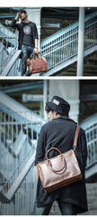 Vintage Dark Brown Leather Mens 14 inches Briefcase Black Work Briefcase Handbags For Men - imessengerbags