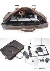 Vintage Dark Brown Leather Mens 14 inches Briefcase Black Work Briefcase Handbags For Men - imessengerbags