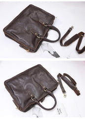 Vintage Dark Brown Leather Mens 14 inches Briefcase Black Work Briefcase Handbags For Men - imessengerbags