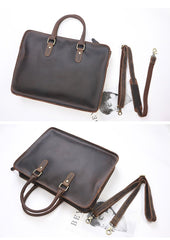 Vintage Dark Brown Leather Mens 14 inches Briefcase Black Work Briefcase Handbags For Men - imessengerbags