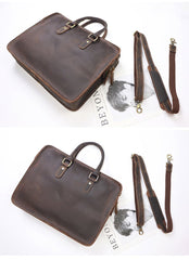 Vintage Dark Brown Leather Mens 14 inches Briefcase Black Work Briefcase Handbags For Men - imessengerbags