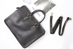 Vintage Dark Brown Leather Mens 14 inches Briefcase Black Work Briefcase Handbags For Men - imessengerbags