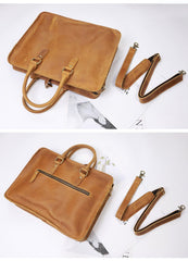 Vintage Dark Brown Leather Mens 14 inches Briefcase Black Work Briefcase Handbags For Men - imessengerbags