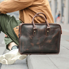 Vintage Dark Brown Leather Mens 14 inches Briefcase Black Work Briefcase Handbags For Men - imessengerbags