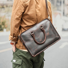 Vintage Dark Brown Leather Mens 14 inches Briefcase Black Work Briefcase Handbags For Men - imessengerbags