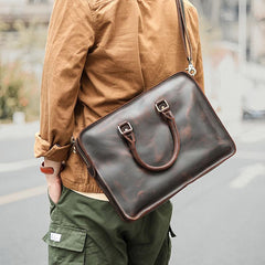 Vintage Dark Brown Leather Mens 14 inches Briefcase Black Work Briefcase Handbags For Men