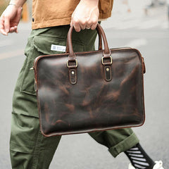 Vintage Dark Brown Leather Mens 14 inches Briefcase Black Work Briefcase Handbags For Men - imessengerbags
