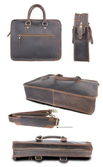 Vintage Dark Brown Leather Mens 14 inches Briefcase Black Work Briefcase Handbags For Men - imessengerbags