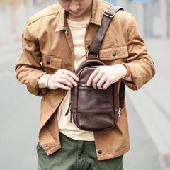 Vintage Dark Brown Leather Mens Chest Bag Red Brown Sling Bag Sling Pack For Men - imessengerbags