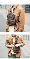 Vintage Dark Brown Leather Mens Chest Bag Red Brown Sling Bag Sling Pack For Men - imessengerbags