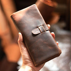 Vintage Red Brown Leather Mens Long Wallet Bifold Zipper Long Wallet For Men