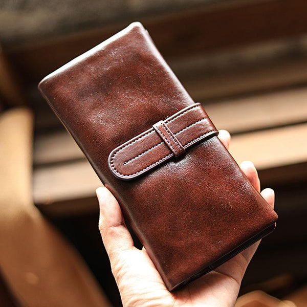 Vintage Red Brown Leather Mens Long Wallet Bifold Zipper Long Wallet For Men - imessengerbags