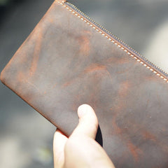 Vintage Dark Brown Leather Mens Phone Wallet Clutch Bag Wristlet Bag Zipper Long Wallet For Men - imessengerbags