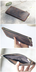 Vintage Dark Brown Leather Mens Phone Wallet Clutch Bag Wristlet Bag Zipper Long Wallet For Men - imessengerbags