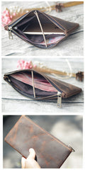 Vintage Dark Brown Leather Mens Phone Wallet Clutch Bag Wristlet Bag Zipper Long Wallet For Men - imessengerbags