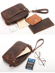 Vintage Dark Brown Leather Mens Phone Wallet Clutch Wallet Wristlet Bag Zipper Long Wallet For Men - imessengerbags