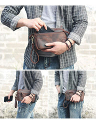 Vintage Dark Brown Leather Mens Phone Wallet Clutch Wallet Wristlet Bag Zipper Long Wallet For Men - imessengerbags